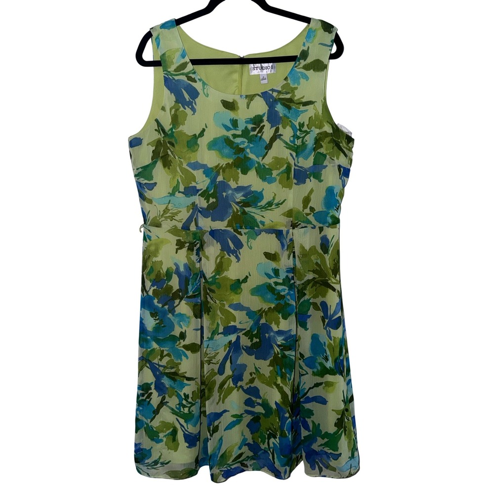 Y2K Calico Floral Flowy Dress Women 16 XL Green Blue Watercolor Chiffon Feminine